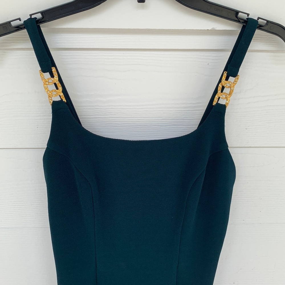 faviana green gold leg slip dress